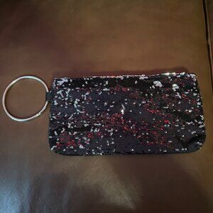 Glamorous Black Sequin Wristlet Clutch with Metal Ring Handle